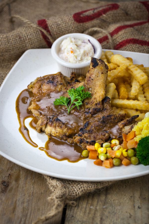 Cendana Chicken Chop with fries and coleslaw